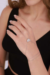 Heart Silver Shahmeran Bracelet with Large Drop Stones, Silver 925 Hand Bracelet, CZ Finger Bracelet, Sterling Silver Back Hand Bracelet